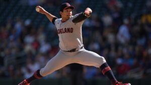 Cleveland Guardians starting pitcher Daniel Espino delivers during the first inning of a baseball game against the Minnesota Twins Saturday, Sept. 12, 2026, in Minneapolis. (AP Photo/Abbie Parr)