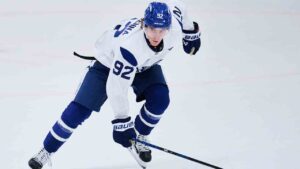 Toronto Maple Leafs' Gavin McKenna (92) sprints up the ice during the opening week of the team's NHL training camp in Toronto, on Thursday, Sept. 17, 2026. (Sammy Kogan/CP)