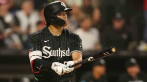 Chicago White Sox's Munetaka Murakami watches his three-run home run during the first inning of a baseball game against the Detroit Tigers, Thursday, Sept. 17, 2026, in Chicago. (Melissa Tamez/AP)