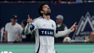 Vancouver Whitecaps' Brian White (24) celebrates after scoring a goal against DC United during the first half of an MLS soccer match, in Vancouver, on Saturday, Sept. 26, 2026. (Jacob Mallari/CP)