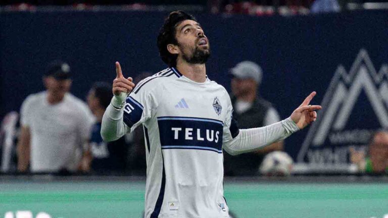 Vancouver Whitecaps' Brian White (24) celebrates after scoring a goal against DC United during the first half of an MLS soccer match, in Vancouver, on Saturday, Sept. 26, 2026. (Jacob Mallari/CP)