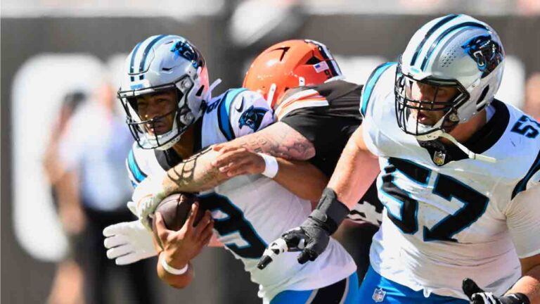Cleveland Browns defensive tackle Mason Graham (94) sacks Carolina Panthers quarterback Bryce Young (9) during the first half of an NFL football game in Cleveland, Sunday, Sept. 27, 2026. (David Richard/AP)