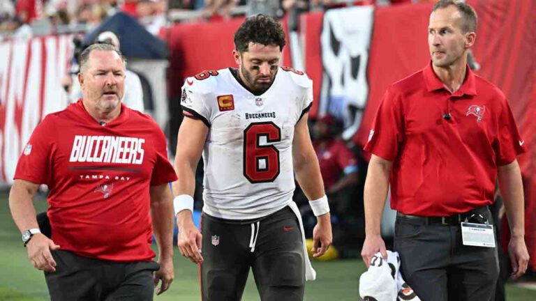 Tampa Bay Buccaneers quarterback Baker Mayfield (6) leaves the field during the second half of an NFL football game against the Minnesota Vikings in Tampa, Fla., Sunday, Sept. 27, 2026. (Jason Behnken/AP)