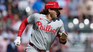 Philadelphia Phillies' Alec Bohm runs out a one-run double against the Atlanta Braves in the inning during Game 1 of baseball's National League Wild Card Series Tuesday, Sept. 29, 2026, in Atlanta. (Brynn Anderson/AP)
