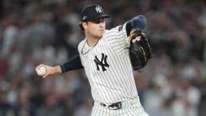 New York Yankees starting pitcher Cam Schlittler throws to the Boston Red Sox during the first inning in Game 1 of baseball's American League Wild Card Series, Tuesday, Sept. 29, 2026, in New York. (Frank Franklin II/AP)