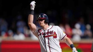Atlanta Braves' Sean Murphy celebrates his double against the Philadelphia Phillies in the fifth inning during Game 2 of baseball's National League Wild Card Series Wednesday, Sept. 30, 2026, in Atlanta. (Brynn Anderson/AP)