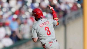 Philadelphia Phillies' Bryce Harper celebrates his home run against the Atlanta Braves in the eighth inning during Game 2 of baseball's National League Wild Card Series Wednesday, Sept. 30, 2026, in Atlanta. (Brynn Anderson/AP)