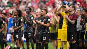 Canada's players applaud fans after the World Cup round of 16 soccer match between Canada and Morocco in Houston, Saturday, July 4, 2026. (Ashley Landis/AP)