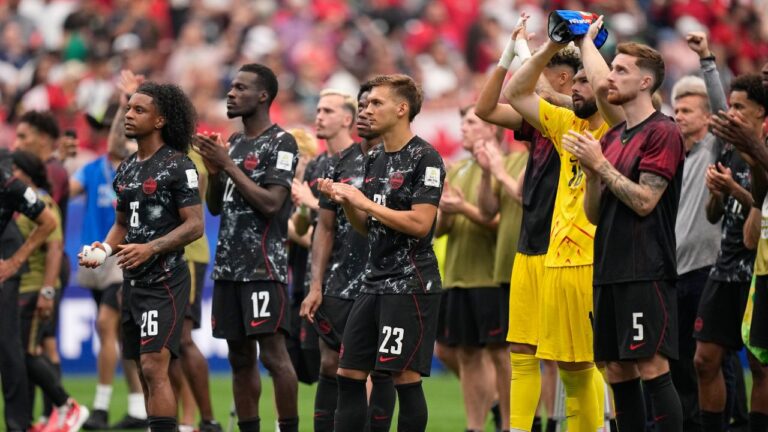 Canada's players applaud fans after the World Cup round of 16 soccer match between Canada and Morocco in Houston, Saturday, July 4, 2026. (Ashley Landis/AP)
