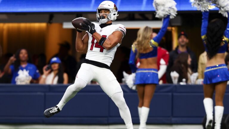Arizona Cardinals wide receiver Michael Wilson (14) catches the ball for a touchdown during the second half of an NFL football game against the Los Angeles Rams, Sunday, Jan. 4, 2026, in Inglewood, Calif. (AP Photo/Jessie Alcheh)