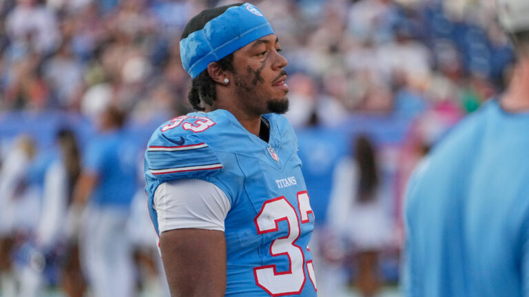 Tennessee Titans linebacker Cedric Gray (33) looks on during the first half of an NFL pre-season football game against the Chicago Bears, Saturday, Aug. 29, 2026, in Nashville, Tenn. (George Walker IV/AP)