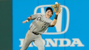 Chicago White Sox left fielder Sam Antonacci (17) catches a flyout hit by Cleveland Guardians' Angel Martínez in the fifth inning of a baseball game in Cleveland, Monday, Sept. 14, 2026. (Sue Ogrocki/AP)