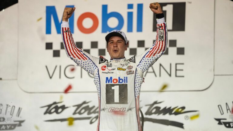 Christopher Bell celebrates in Victory Lane after winning a NASCAR Cup Series auto race Sunday, Sept. 6, 2026, in Darlington, S.C. (Matt Kelley/AP)