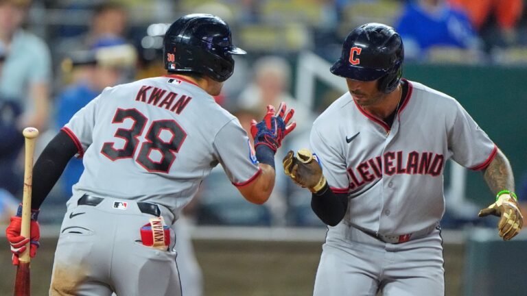 Cleveland Guardians' Brayan Rocchio, right, celebrates with Steven Kwan (38) after hitting a solo home run during the seventh inning of a baseball game against the Kansas City Royals, Saturday, Sept. 26, 2026, in Kansas City, Mo. (Charlie Riedel/AP)