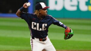 Cleveland Guardians' Jose Ramirez throws out Athletics' Jonah Heim at first base during the first inning of a baseball game, Friday, Sept. 18, 2026, in Cleveland. (Phil Long/AP)