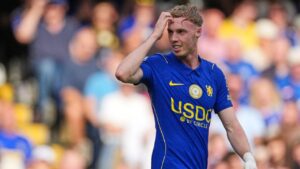 Chelsea's Cole Palmer reacts during the English Premier League soccer match between Chelsea and Hull City in London, Saturday, Sept. 12, 2026. (Dave Shopland/AP)