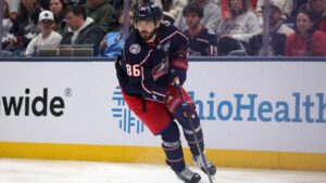 Columbus Blue Jackets forward Kirill Marchenko controls the puck against the Winnipeg Jets during an NHL hockey game in Columbus, Ohio, Saturday, April 4, 2026. (Paul Vernon/AP)