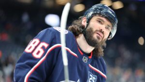 Columbus Blue Jackets right wing Kirill Marchenko (86) greets fans before the game against the Vegas Golden Knights as part of an NHL hockey game Saturday, Dec. 13, 2025, in Columbus, Ohio. (Joe Maiorana/AP)