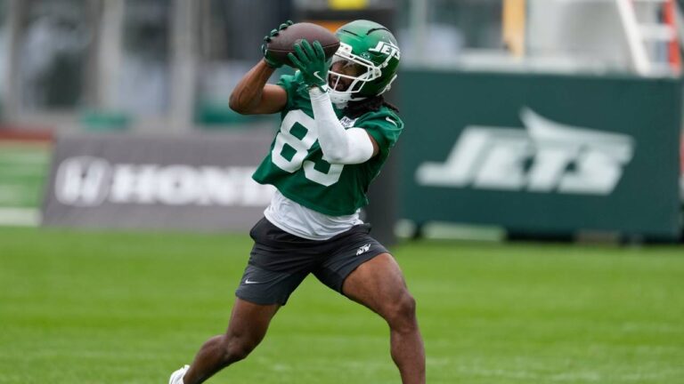 FILE - New York Jets' Omar Cooper Jr. makes a catch during practice at the team's NFL football training camp in Florham Park, N.J., July 30, 2026. (Seth Wenig/AP)