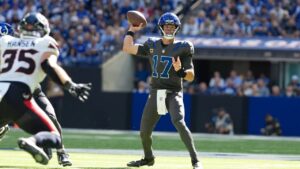 Indianapolis Colts quarterback Daniel Jones throws a pass against the Houston Texans during the second half of an NFL game, Sunday, Sept. 27, 2026, in Indianapolis. (AP/Michael Conroy)