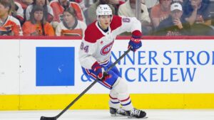 Montreal Canadiens' David Reinbacher in action during an NHL hockey game against the Philadelphia Flyers, Tuesday, April 14, 2026, in Philadelphia. (Derik Hamilton/AP)