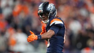 Denver Broncos wide receiver Pat Bryant gestures after a catch against the Los Angeles Rams during the second half of an NFL football game Sunday, Sept. 27, 2026, in Denver. (David Zalubowski/AP)