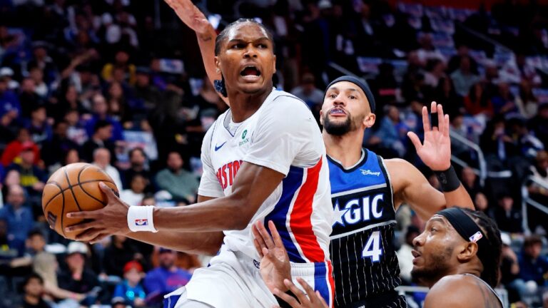 Detroit Pistons guard Ausar Thompson (9) looks to pass the ball against Orlando Magic center Wendell Carter Jr., right, and guard Jalen Suggs (4) during the first half in Game 5 of a first-round NBA basketball playoffs series Wednesday, April 29, 2026, in Detroit. (Duane Burleson/AP)