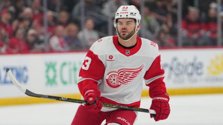 Detroit Red Wings' Alex DeBrincat (93) during the first period of an NHL hockey game against the New Jersey Devils Sunday, March 8, 2026, in Newark, N.J. (Frank Franklin II/AP)