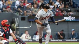 Detroit Tigers' Riley Greene watches his solo home run off Cleveland Guardians starting pitcher Parker Messick as catcher Austin Hedges looks on during the sixth inning of a baseball game, Saturday, Sept. 5, 2026, in Cleveland. (Phil Long/AP)