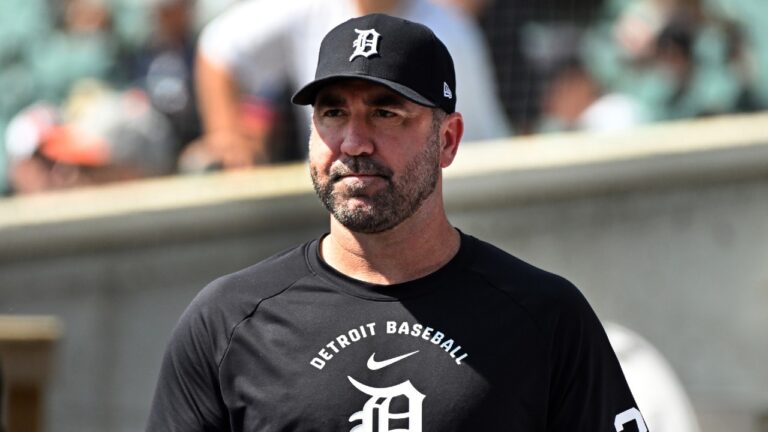 Detroit Tigers pitcher Justin Verlander watches from the dugout during the sixth inning of a baseball game against the Colorado Rockies, Sunday, Sept. 13, 2026, in Detroit. (Jose Juarez/AP)