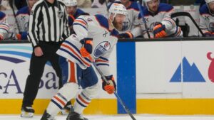 Edmonton Oilers defenseman Mattias Ekholm (14) during an NHL hockey game against the San Jose Sharks in San Jose, Calif., Saturday, Feb. 28, 2026. (Jeff Chiu/AP)