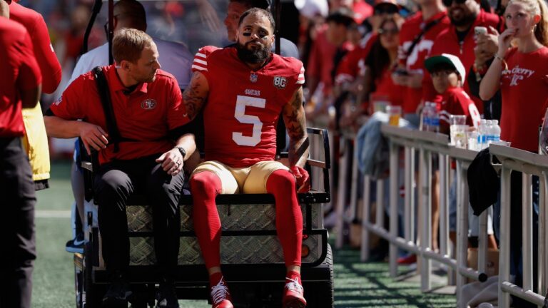 San Francisco 49ers wide receiver Mike Evans is carted off the field during the first half of an NFL game against the Arizona Cardinals in Santa Clara, Calif., Sunday, Sept. 27, 2026. (AP/Kelley L. Cox)
