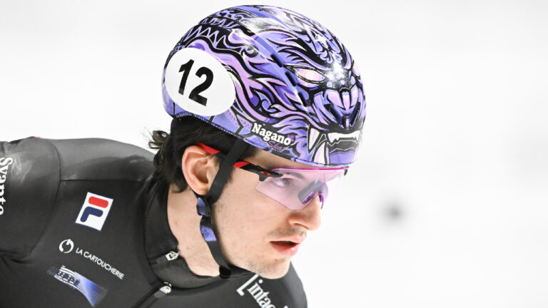 Felix Roussel of Canada skates during the 1500m semifinal race at the ISU World Short Track Speed Skating Championships in Montreal, Saturday, March 14, 2026. (Graham Hughes/CP)