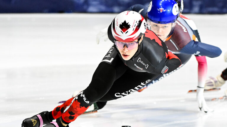 Florence Brunelle of Canada (8) skates during the 1000m quarter-final race at the ISU World Short Track Speed Skating Championships in Montreal, Saturday, March 14, 2026. (Graham Hughes/CP)