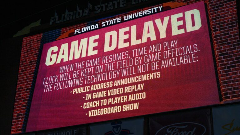 Florida State's scoreboard shows a delay message due to a blackout before an NCAA college football game against SMU, Monday, Sept. 7, 2026, in Tallahassee, Fla. (Noah Lantor/AP)