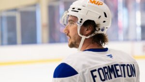 Forward Alex Formenton takes part in the Edmonton Oilers training camp at Rogers Place in Edmonton on Thursday, Sept. 17, 2026. (John Ulan/CP)