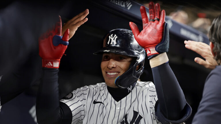 New York Yankees' George Lombard Jr. reacts after hitting a two-run home run during the eighth inning of a baseball game against the Tampa Bay Rays, Thursday, Sept. 24, 2026, in New York. (Adam Hunger/AP)