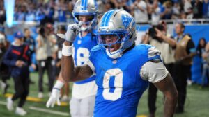 Detroit Lions' Jahmyr Gibbs reacts to his touchdown run during the second half of an NFL football game against the New York Jets in Detroit, Sunday, Sept. 27, 2026. (Paul Sancya/AP)
