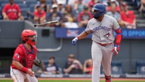 Toronto Blue Jays' Vladimir Guerrero Jr. tosses his bat after walking in the fourth inning of a baseball game against the Cleveland Guardians in Cleveland, Thursday, Sept. 3, 2026. (Sue Ogrocki/AP)