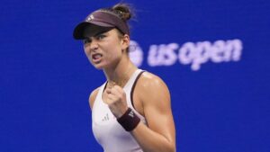 Iva Jovic, of the United States, celebrates after a point in the third set against Alexandra Eala, of the Philippines, in the third round of the U.S. Open tennis championships, Saturday, Sept. 5, 2026, in New York. (Frank Franklin II/AP)