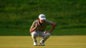 Jackson Koivun lines up his ball on the first green during the first round of the St. Jude Championship golf tournament, Thursday, Aug. 13, 2026, in Memphis, Tenn. (George Walker IV/AP)