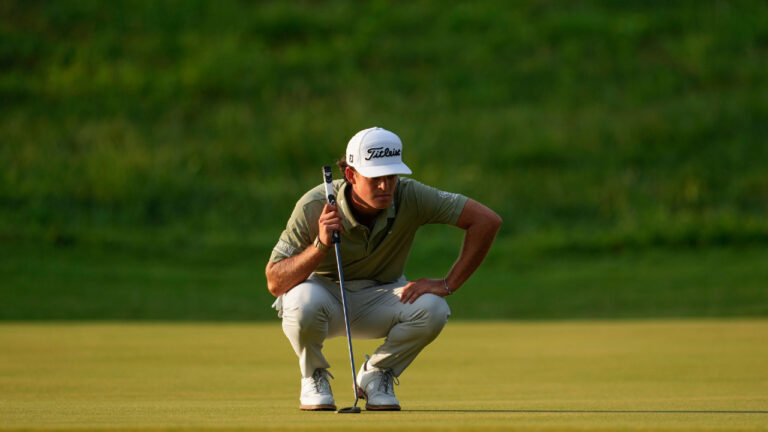 Jackson Koivun lines up his ball on the first green during the first round of the St. Jude Championship golf tournament, Thursday, Aug. 13, 2026, in Memphis, Tenn. (George Walker IV/AP)
