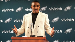 Philadelphia Eagles quarterback Jalen Hurts responds to a question during a news conference after an NFL football game against the Chicago Bears in Chicago, Monday, Sept. 28, 2026. (David Banks/AP)