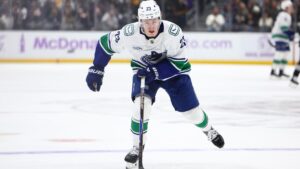 Vancouver Canucks right wing Jonathan Lekkerimäki (23) skates during the second period of an NHL hockey game against the Los Angeles Kings, Saturday, Nov. 29, 2025, in Los Angeles. (Jessie Alcheh/AP)