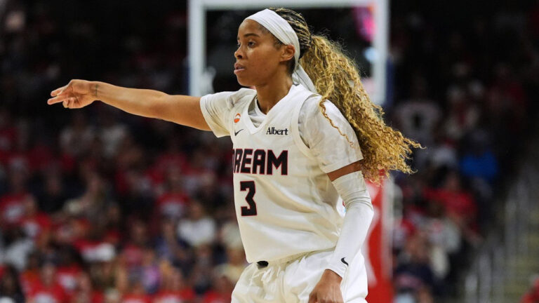 Atlanta Dream guard Jordin Canada (3) celebrates after making a three-point basket against the Washington Mystics during the second half in Game 2 of a WNBA basketball first-round playoff series, Wednesday, Sept. 30, 2026, in Washington. (Stephanie Scarbrough/AP)