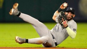 New York Yankees shortstop JosÃ© Caballero throws out Los Angeles Angels' Tyler Heineman at second after fielding a ball hit by Mike Trout during the fifth inning of a baseball game Tuesday, Sept. 1, 2026, in Anaheim, Calif. (Mark J. Terrill/AP)