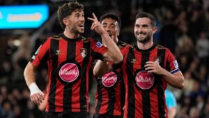 Bournemouth's Ryan Christie, left, celebrates scoring during the League Cup third round soccer match between AFC Bournemouth and Lincoln City in Bournemouth, England, Tuesday Sept. 8, 2026. (Andrew Matthews/PA via AP)
Andrew Matthews