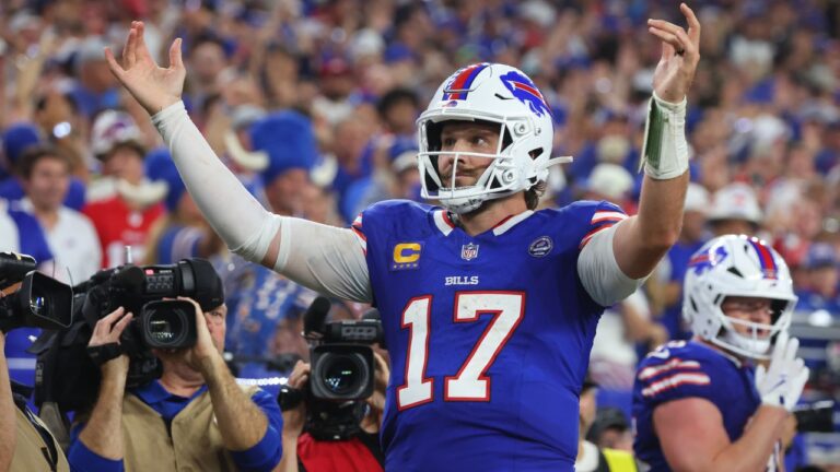 Buffalo Bills quarterback Josh Allen (17) celebrates during an NFL football game against the Detroit Lions in Orchard Park, N.Y., Thursday, Sept. 17, 2026. (AP Photo/Jeffrey T. Barnes)