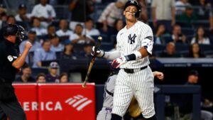 New York Yankees' Aaron Judge reacts after striking out during the first inning of a baseball game against the Colorado Rockies', Tuesday, Sept. 8, 2026, in New York. (AP Photo/Noah K. Murray)