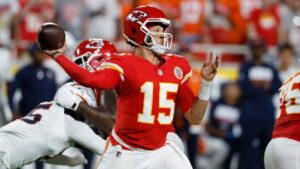 Kansas City Chiefs quarterback Patrick Mahomes throws a pass against the Denver Broncos during the first half of an NFL football game Monday, Sept. 14, 2026, in Kansas City, Mo. (Colin E. Braley/AP)